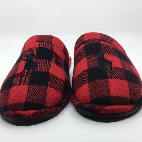 Polo Ralph Lauren Big Pony Red and Black Buffalo Plaid faux Sherpa Slippers L - Picture 12 of 16